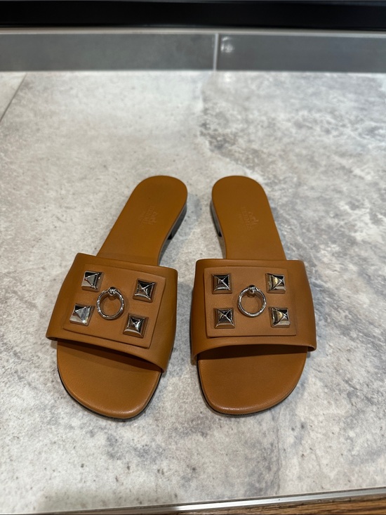 Hermes Shoes - Hermes Dune gold calf Leather Slide Sandals with silver hardware -